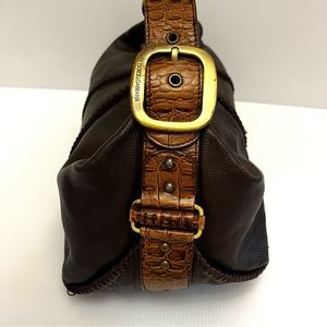 DOLCE & GABBANA Dark Brown Leather Satchel with Python Accents, Adjustable Strap